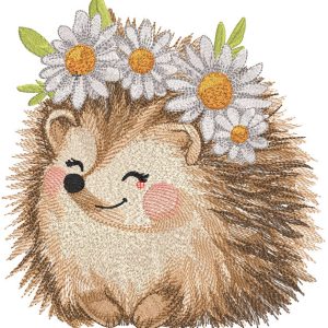 Hedgehog in a wreath of daisies embroidery design