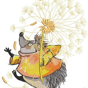 Hedgehog walking with a dandelion embroidery design