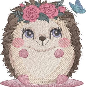 Hedgehog with a wreath of roses embroidery design