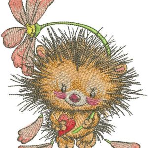 Hedgehog with heart holding fallen flower embroidery design