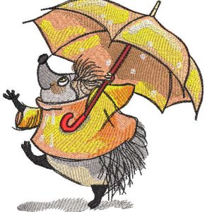 Hedgehog with umbrella under rain embroidery design