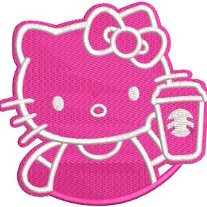 Hello kitty with coffee cup embroidery design
