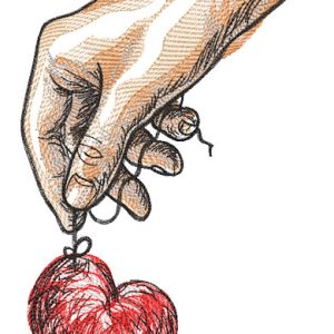 Human hand holds red heart embroidery design