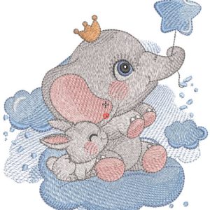 King  elephant with baby bunny embroidery design