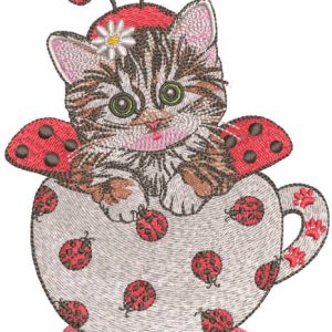Kitten in ladybug costume embroidery design