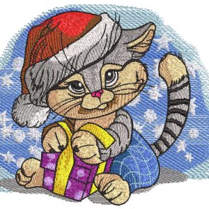 Kitten in santa hat with a gift under snow embroidery design