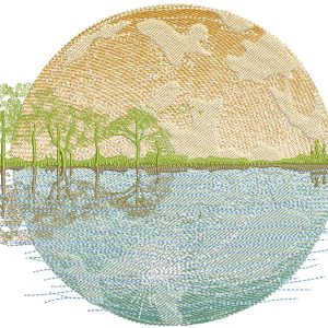 Landscape lake against sunset background embroidery design
