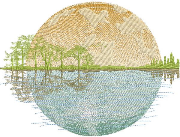 Landscape lake against sunset background embroidery design