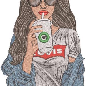 Levis girl with coffee embroidery design