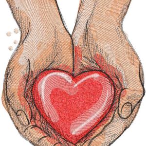 Living red heart in the palms embroidery design