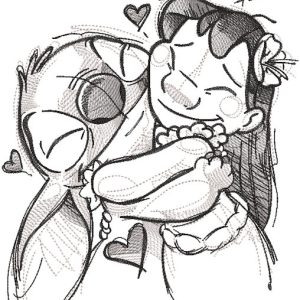 Love Lilo and stitch greyscale sketch embroidery design