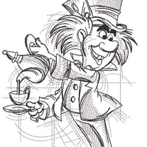 Mad Hatter with tea pot art sketch embroidery design