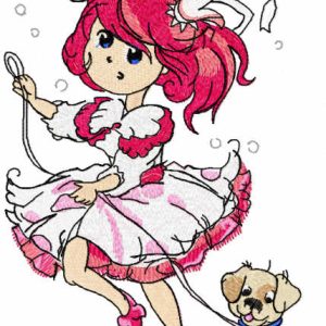 Princess Malvina walking with dog embroidery design