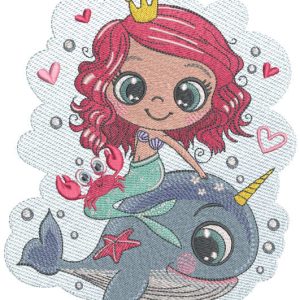 Queen mermaid riding a whale unicorn embroidery design
