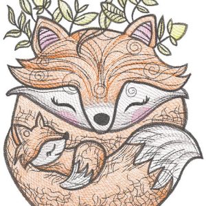 Mom fox and baby embroidery design