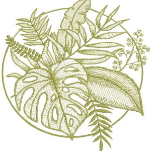 Monstera and tropical flowers embroidery design