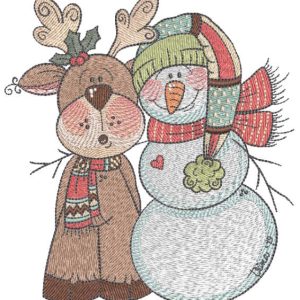 Moose and snowman in knitted scarves embroidery design