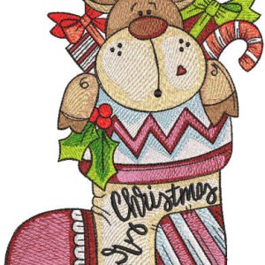 Moose with gifts in christmas sock embroidery design