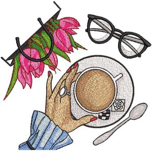 Morning coffee flowers newspaper reading embroidery design