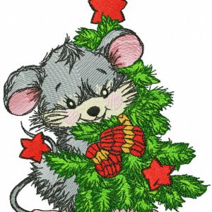 Mouse hugs Christmas tree embroidery design