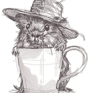 Mouse in a straw hat with a mug embroidery design