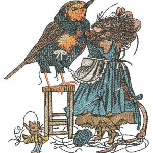 Mouse tailor sews clothes for starling embroidery design