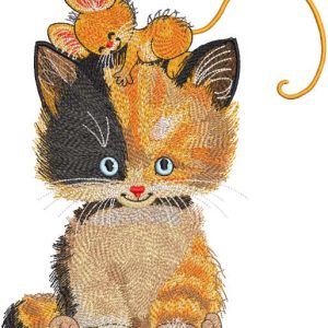 Multicolored cat playing with a mouse embroidery design