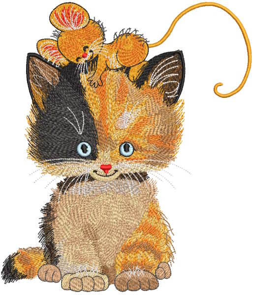 Multicolored cat playing with a mouse embroidery design