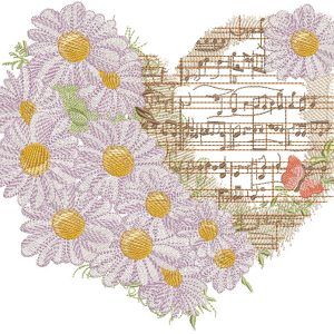 Music and daisies in the heart embroidery design