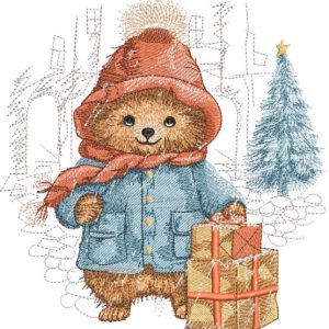 Vintage bear Christmas time embroidery design