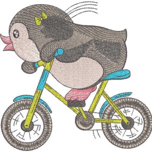 Penguin cyclist embroidery design