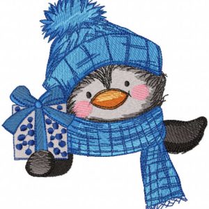 Penguin with gift box embroidery design