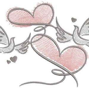 Pigeons with ribbons creating hearts embroidery design