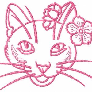Pink flower cat embroidery design