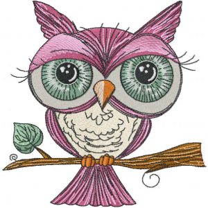 Pink owl on a branch embroidery design