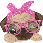 Pug dog in pink glasses embroidery design