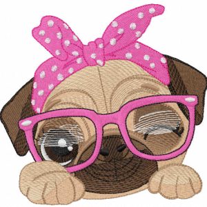 Pug dog in pink glasses embroidery design