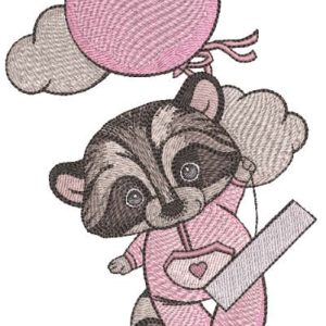 Raccoon in pink pajamas climbs on balloon embroidery design