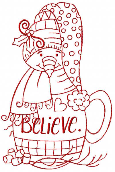 Redwork vintage snowman believe embroidery design