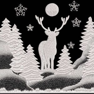 Reindeer in winter pine forest embroidery design