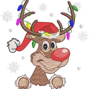 Reindeer in santa hat with garland on antlers embroidery design