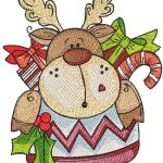 Reindeer in scandinavian knitted sock with gifts embroidery design