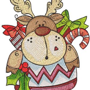 Reindeer in scandinavian knitted sock with gifts embroidery design