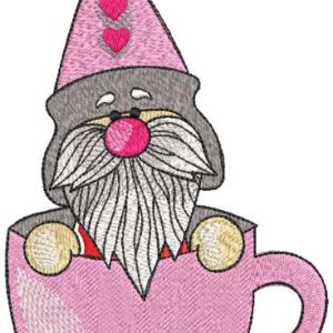 Romantic gnome in pink mug embroidery design