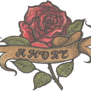 Rose with amore ribbon embroidery design