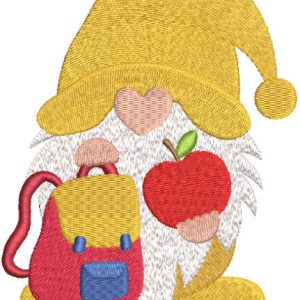 School gnome with backpack and apple embroidery design