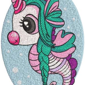 Seahorse girl with long braids embroidery design
