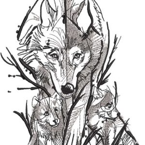 She-wolf with family sketch embroidery design
