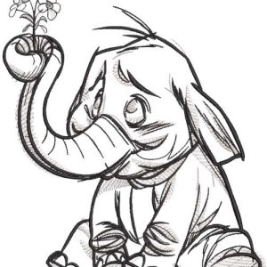 Sitting baby elephant with flower sketch embroidery design