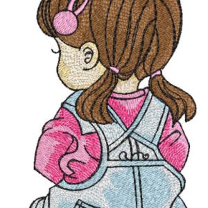 Sitting dreamer girl in denim overalls embroidery design